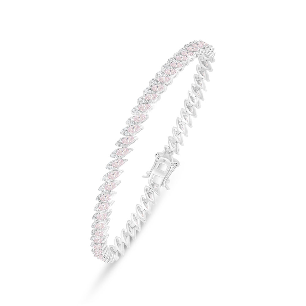 Sterling Silver 925 Bracelet Rhodium Plated Embedded With Pink Zircon And White Zircon