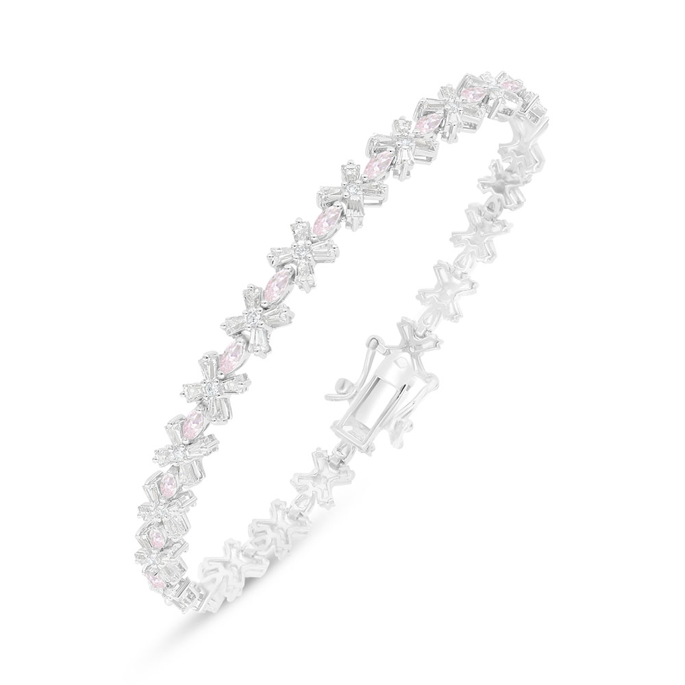 Sterling Silver 925 Bracelet Rhodium Plated Embedded With Pink Zircon And White Zircon