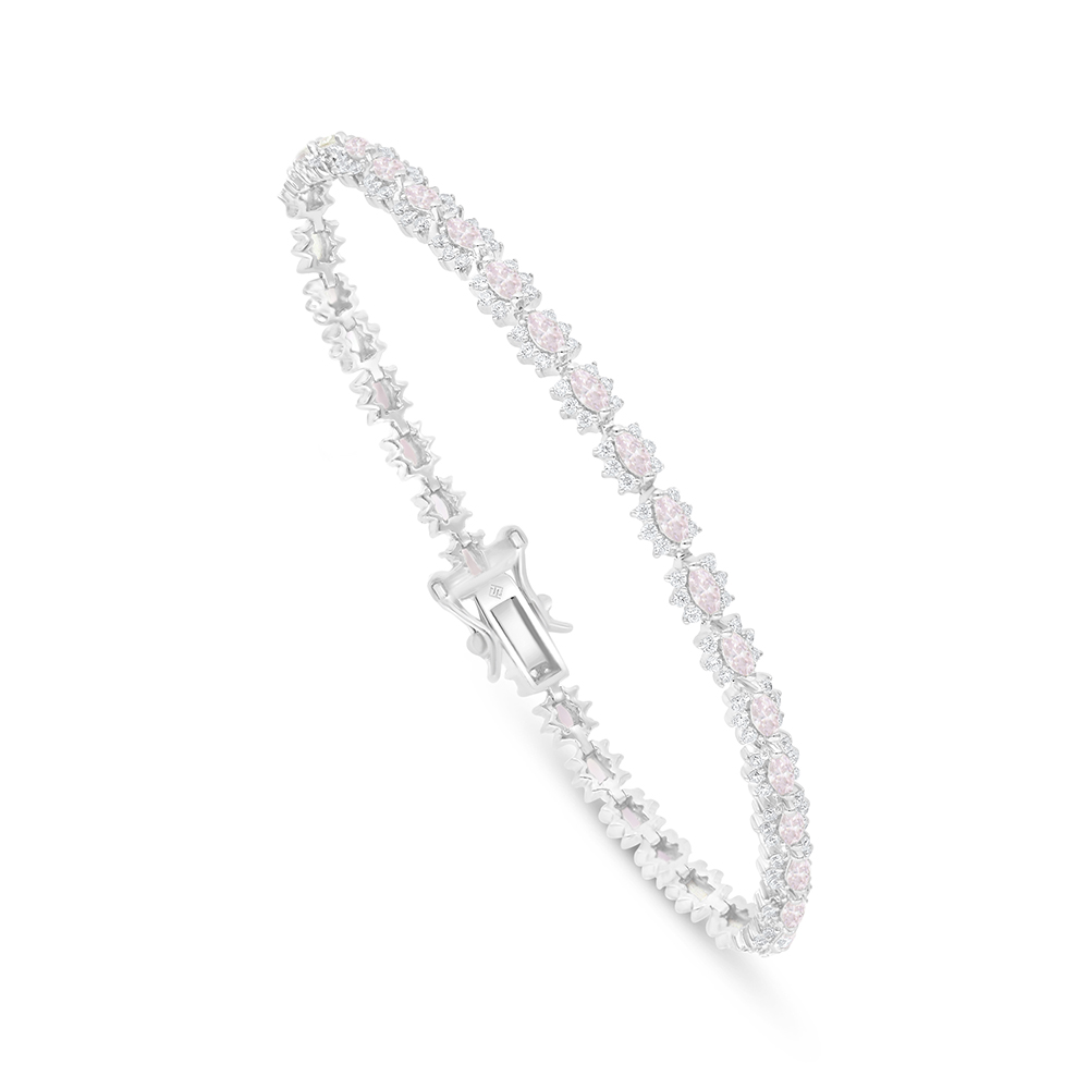 Sterling Silver 925 Bracelet Rhodium Plated Embedded With Pink Zircon And White Zircon