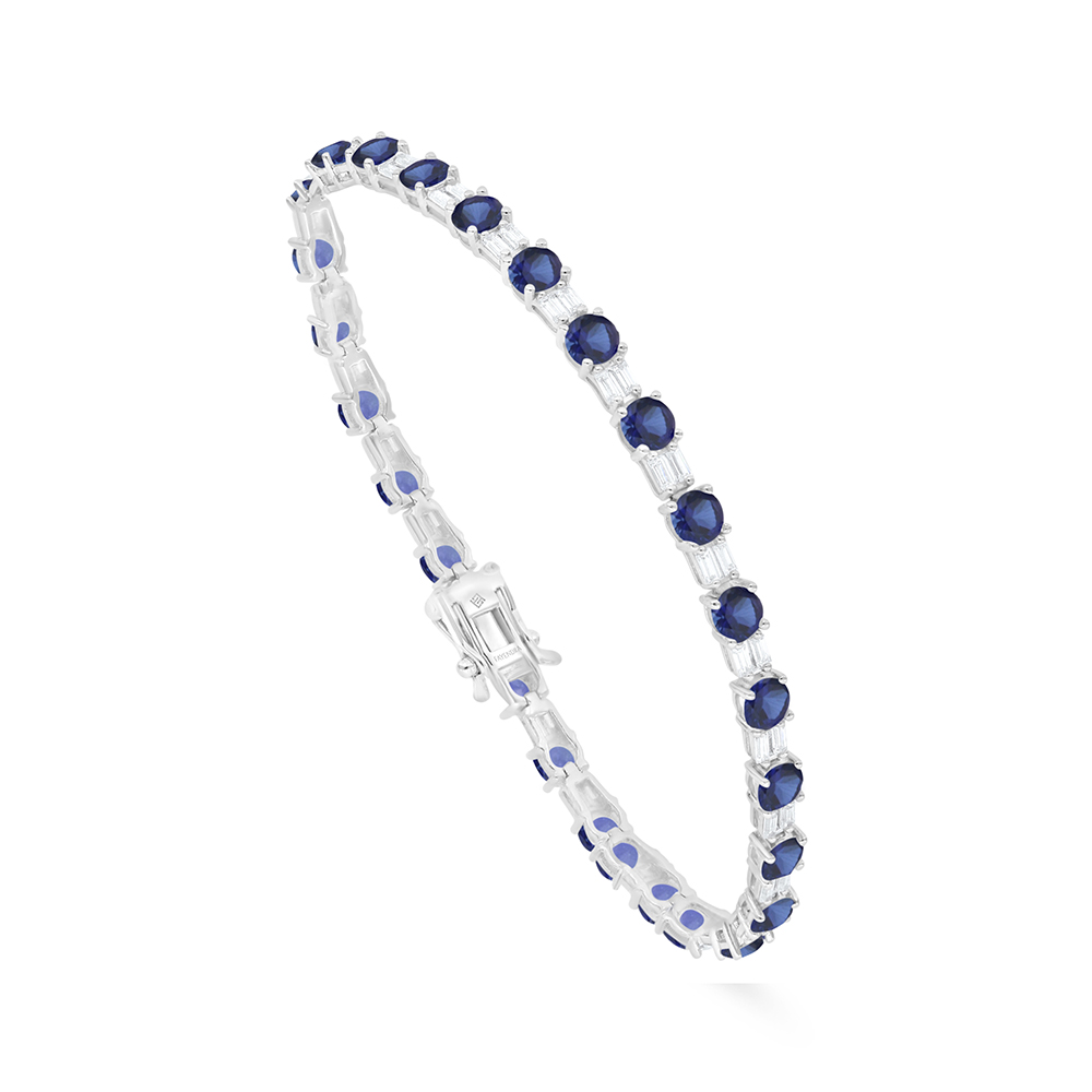 Sterling Silver 925 Bracelet Rhodium Plated Embedded With Sapphire Corundum And White Zircon