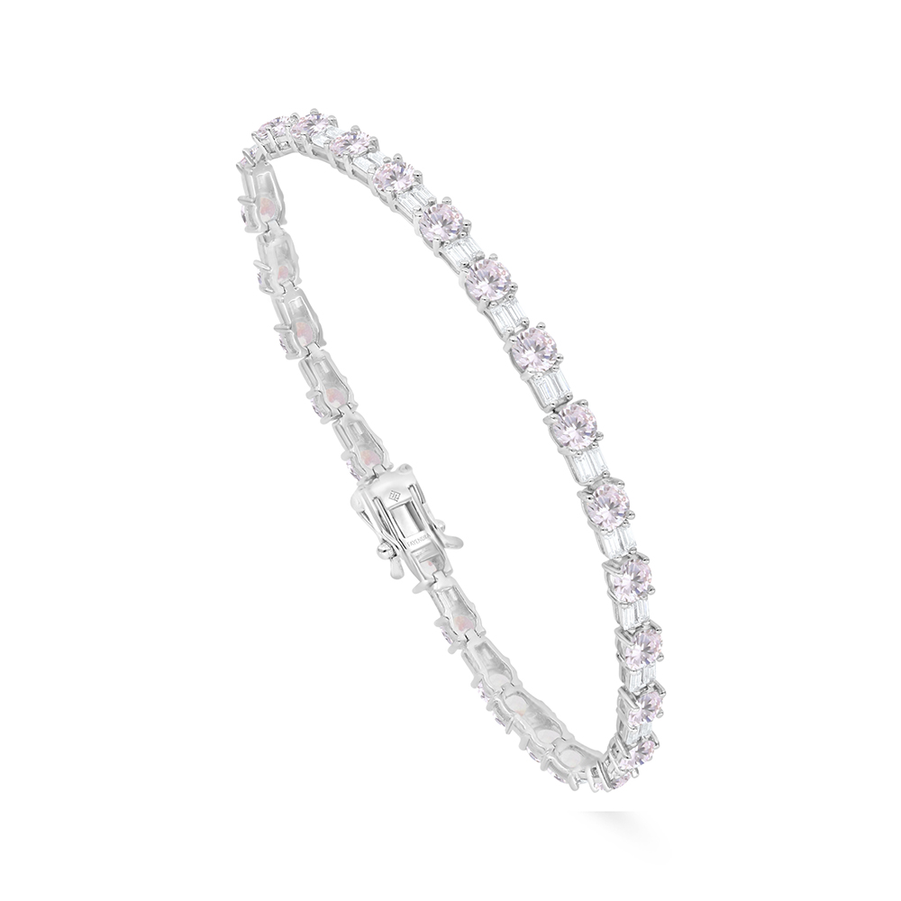 Sterling Silver 925 Bracelet Rhodium Plated Embedded With Pink Zircon And White Zircon