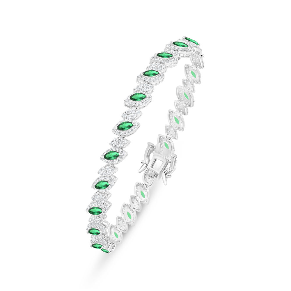 Sterling Silver 925 Bracelet Rhodium Plated Embedded With Emerald Zircon And White Zircon