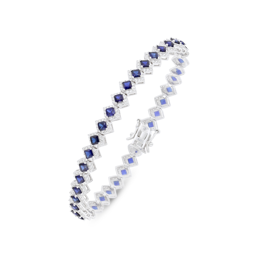 Sterling Silver 925 Bracelet Rhodium Plated Embedded With Sapphire Corundum And White Zircon