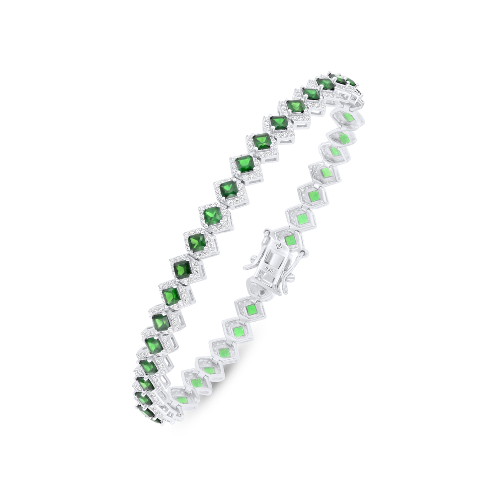 Sterling Silver 925 Bracelet Rhodium Plated Embedded With Emerald Zircon And White Zircon