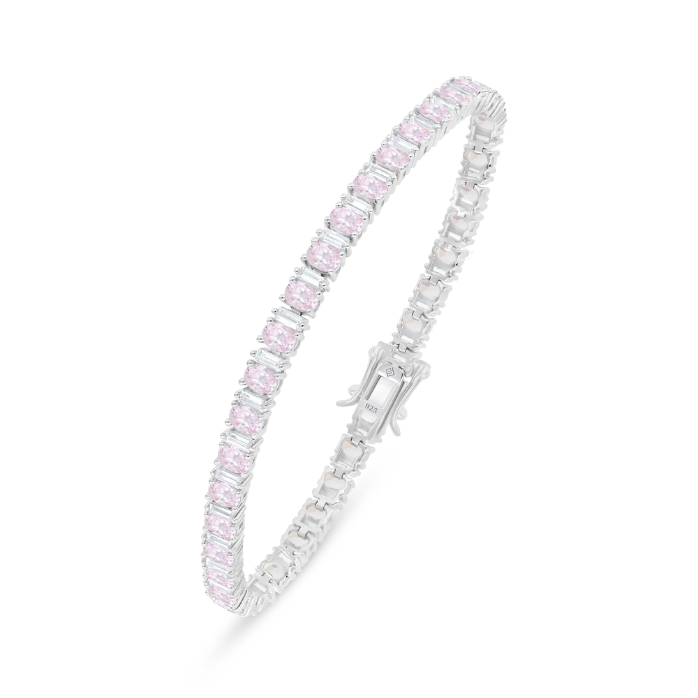 Sterling Silver 925 Bracelet Rhodium Plated Embedded With Pink Zircon And White Zircon