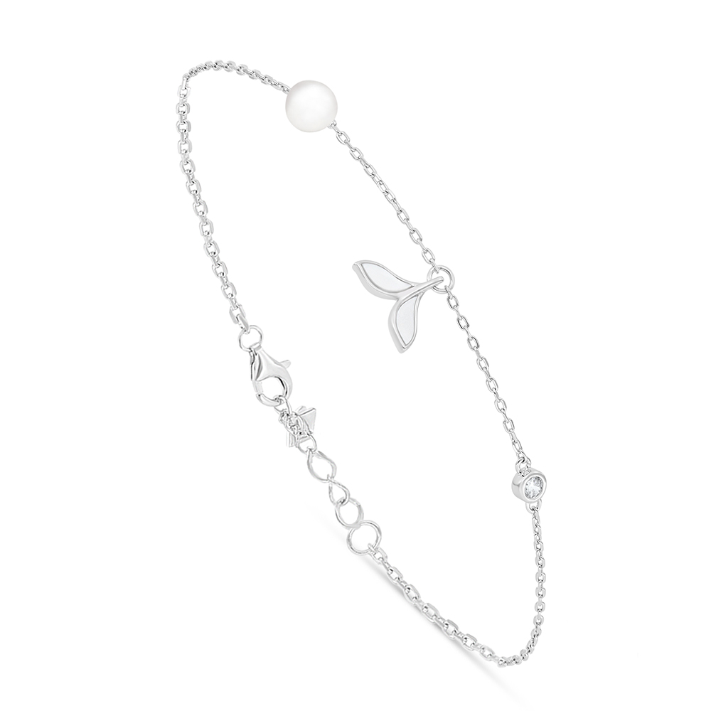 Sterling Silver 925 Bracelet Rhodium Plated Embedded With Natural White Pearl And White Shell And White Zircon 