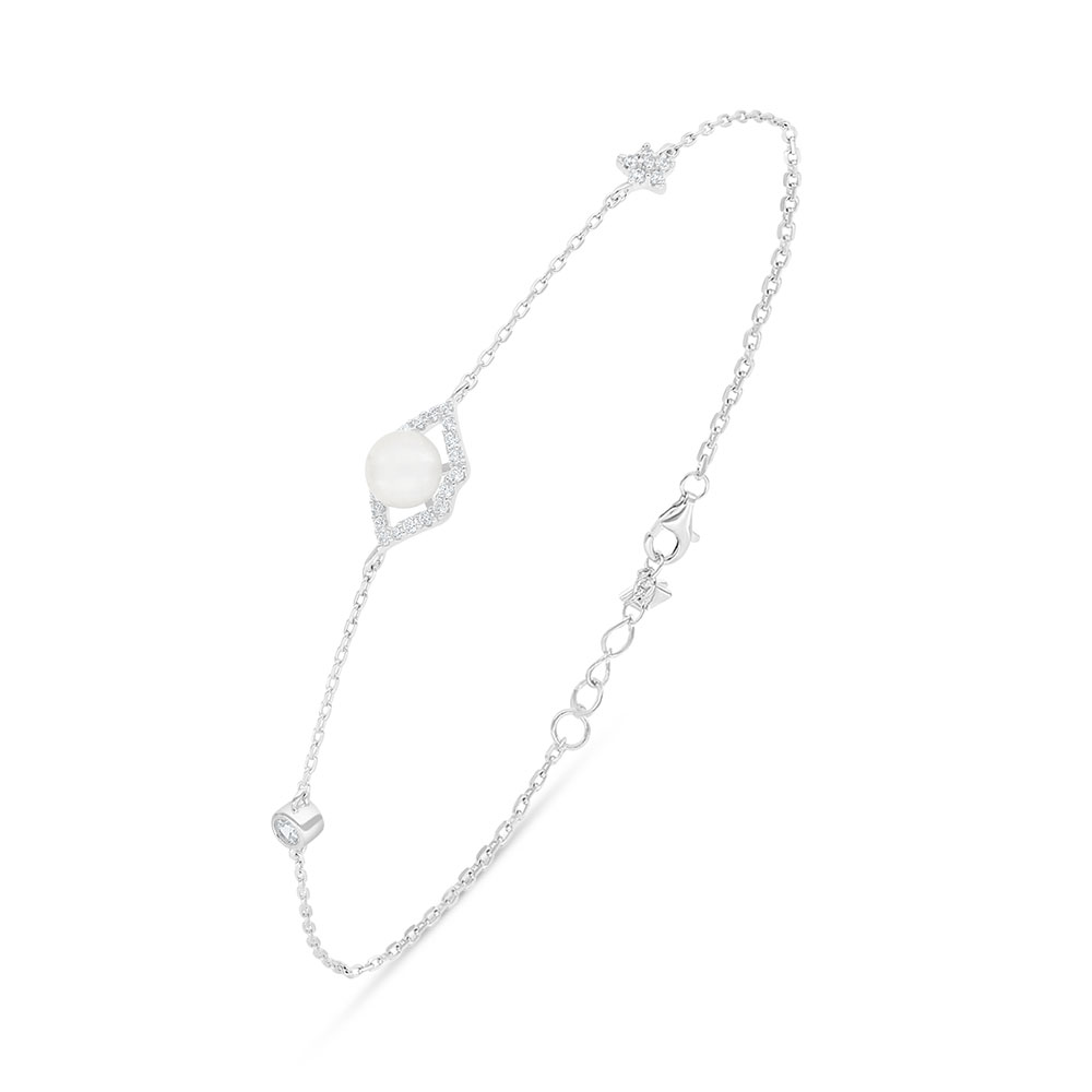 Sterling Silver 925 Bracelet Rhodium Plated Embedded With Natural White Pearl And White Zircon