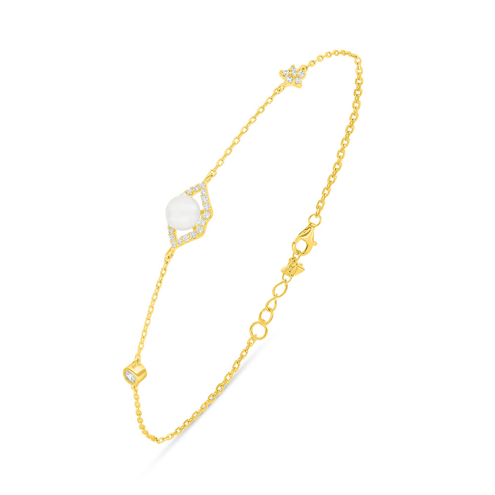 Sterling Silver 925 Bracelet Golden Plated Embedded With Natural White Pearl And White Zircon