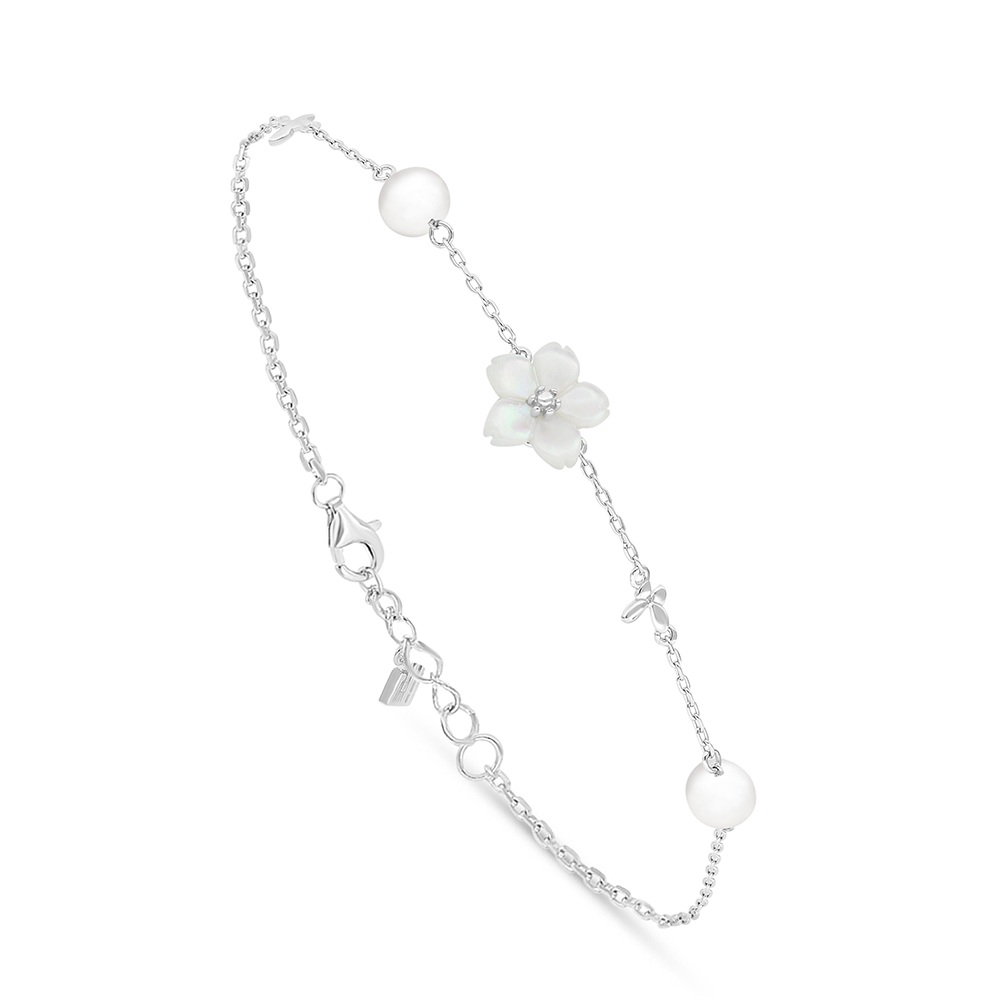 Sterling Silver 925 Bracelet Rhodium Plated Embedded With Natural White Pearl And White Shell And White Zircon 