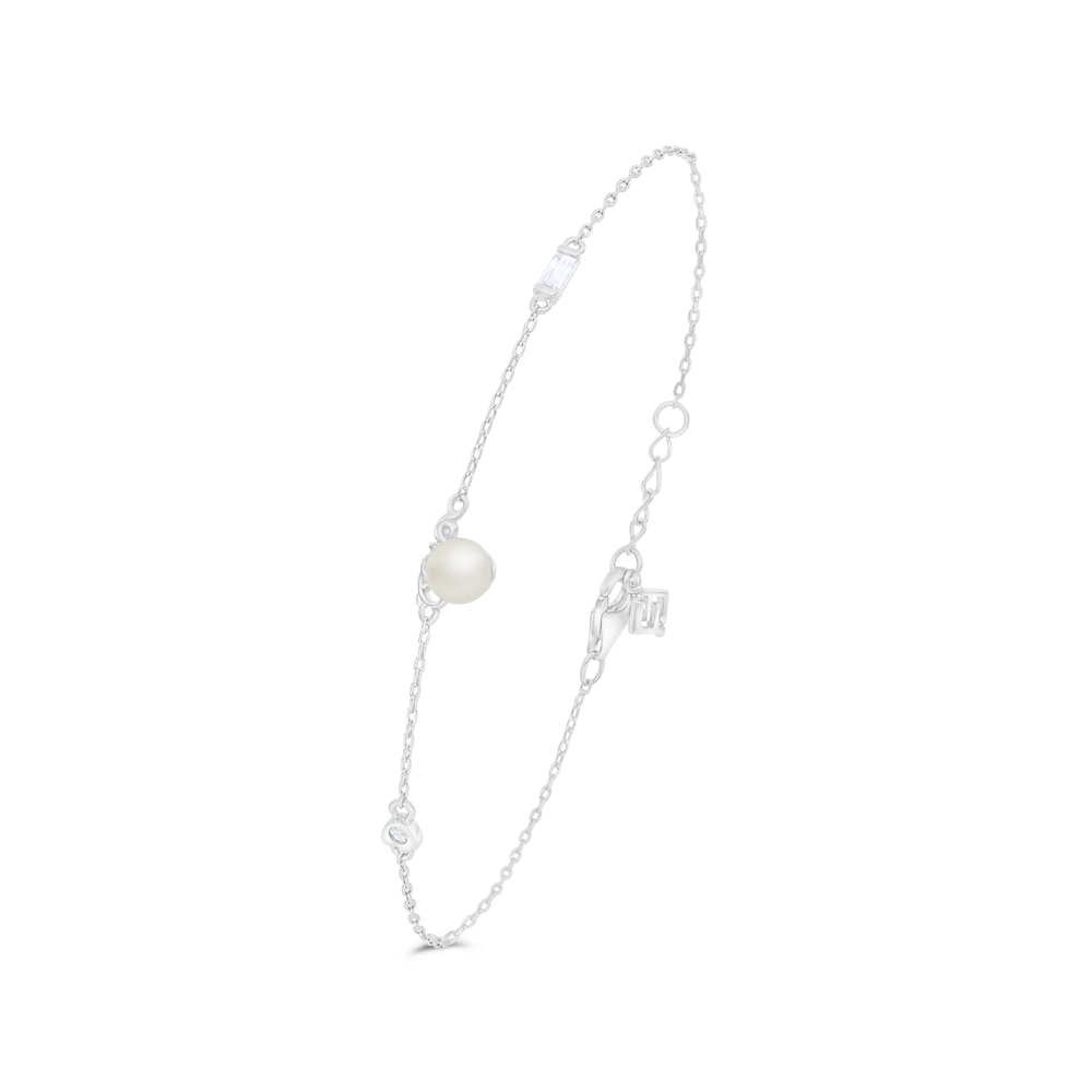 Sterling Silver 925 Bracelet Rhodium Plated Embedded With Natural White Pearl And White Zircon 