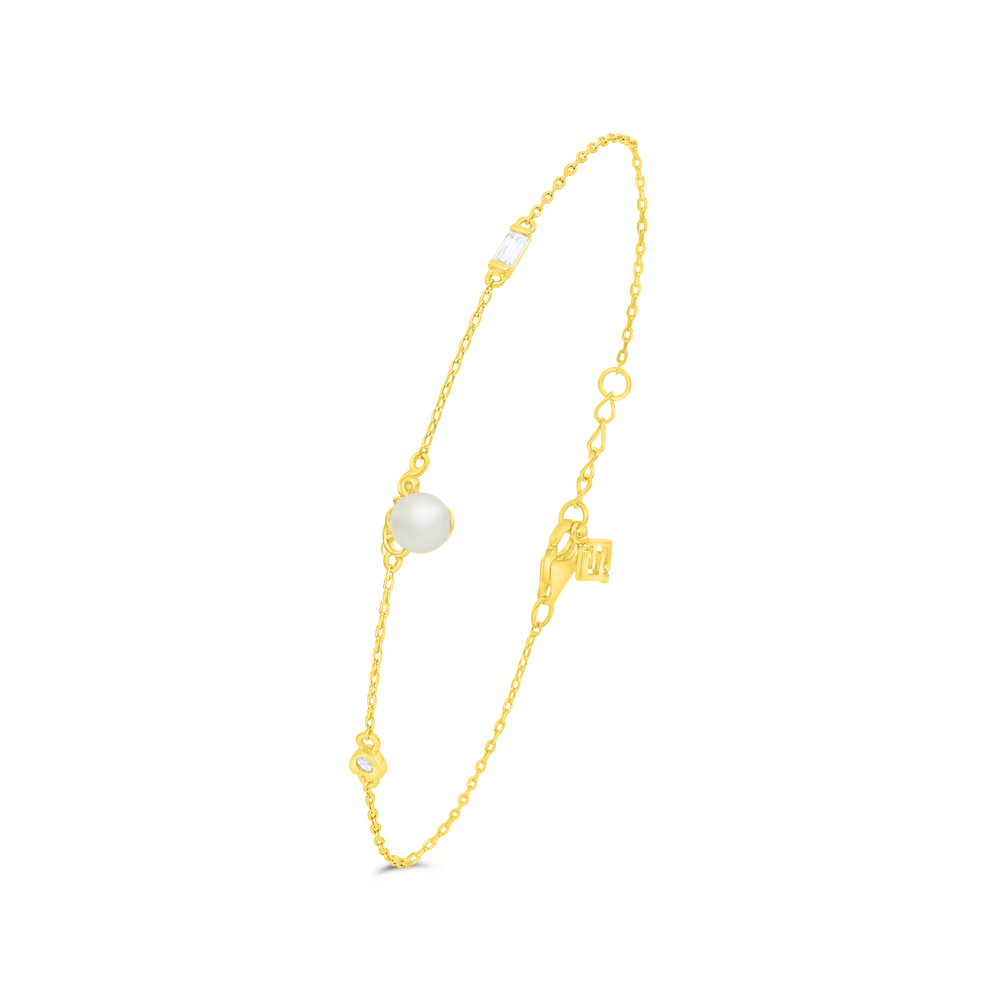 Sterling Silver 925 Bracelet Golden Plated Embedded With Natural White Pearl And White Zircon 