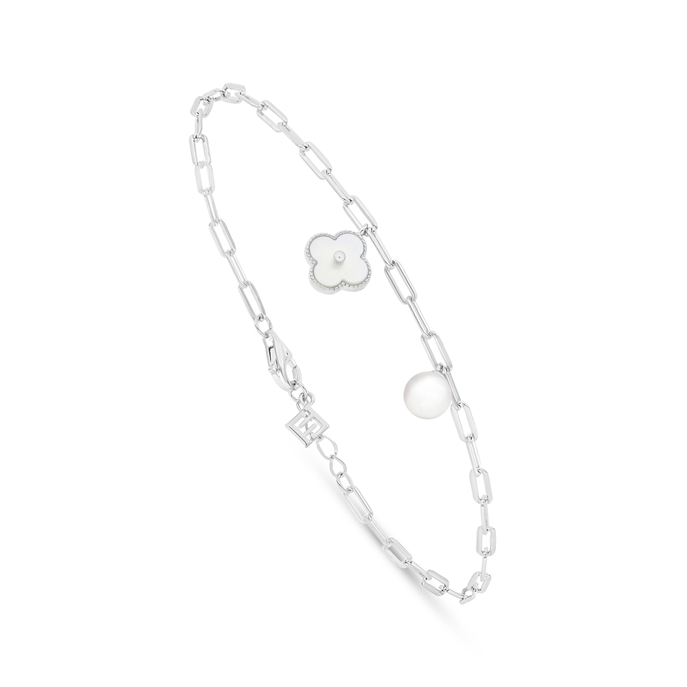 Sterling Silver 925 Bracelet Rhodium Plated Embedded With Natural White Pearl And White Shell And White Zircon 