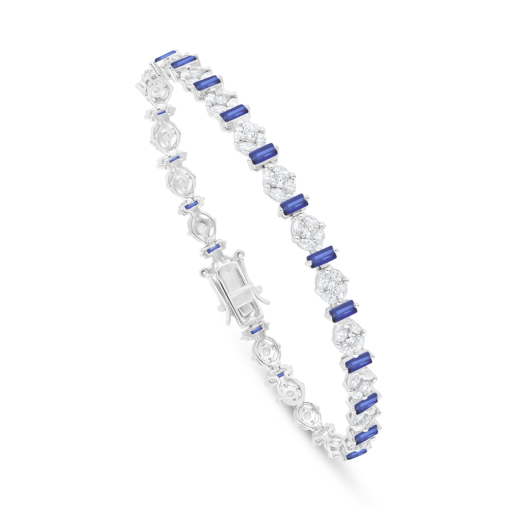 Sterling Silver 925 Bracelet Rhodium Plated Embedded With Sapphire Corundum And White Zircon