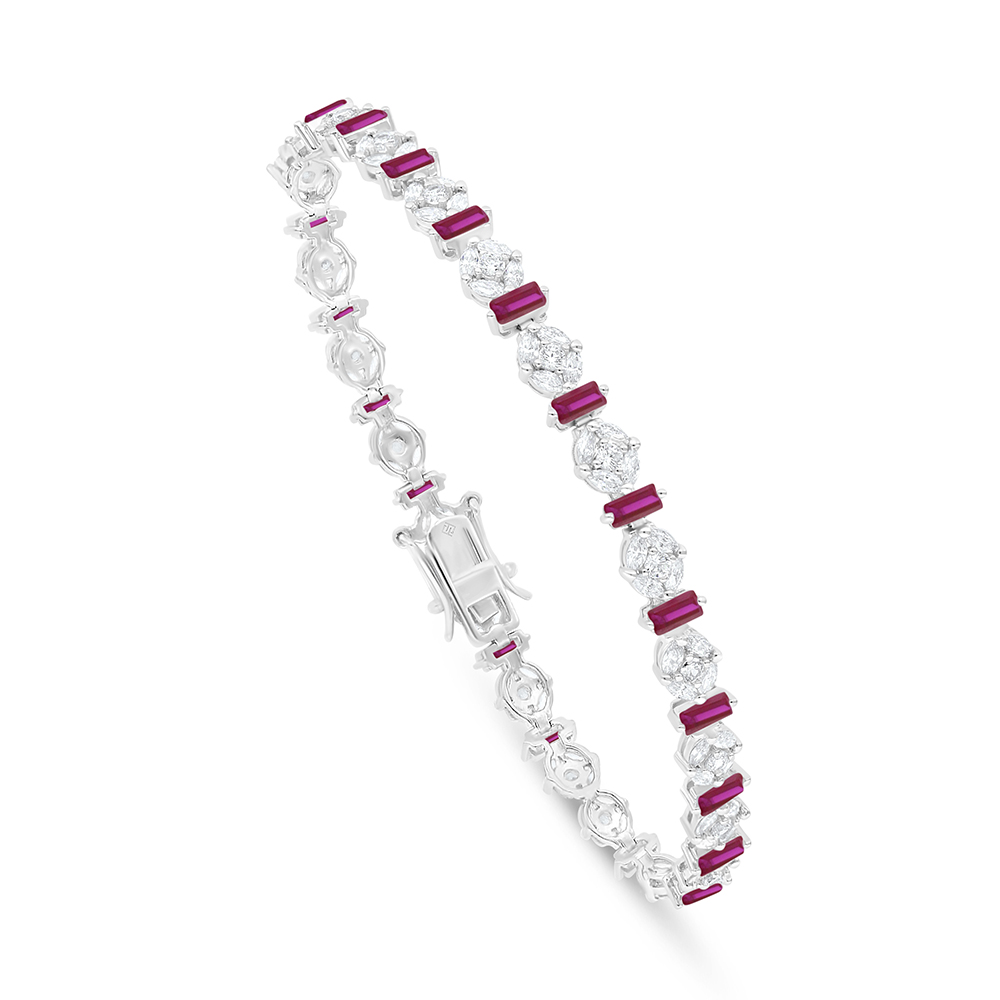 Sterling Silver 925 Bracelet Rhodium Plated Embedded With Ruby Corundum And White Zircon