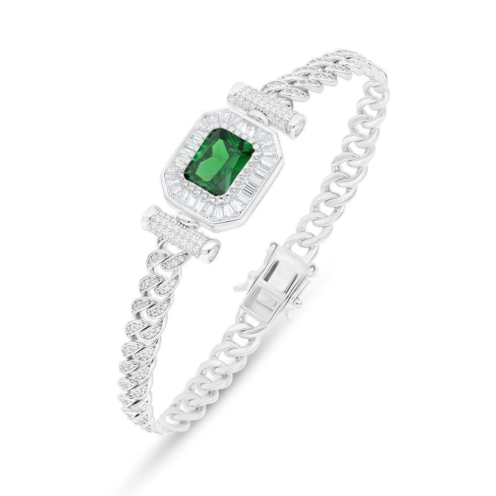 Sterling Silver 925 Bracelet Rhodium Plated Embedded With Emerald Zircon And White Zircon