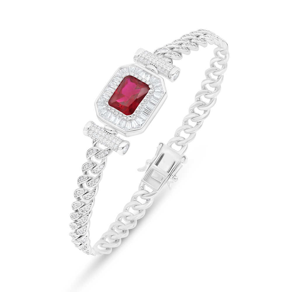 Sterling Silver 925 Bracelet Rhodium Plated Embedded With Ruby Corundum And White Zircon