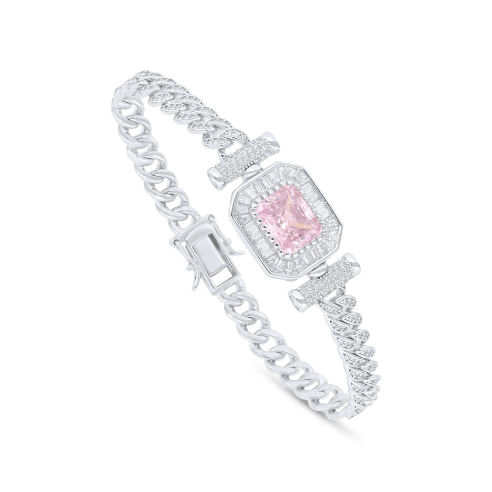 Sterling Silver 925 Bracelet Rhodium Plated Embedded With Pink Zircon And White Zircon