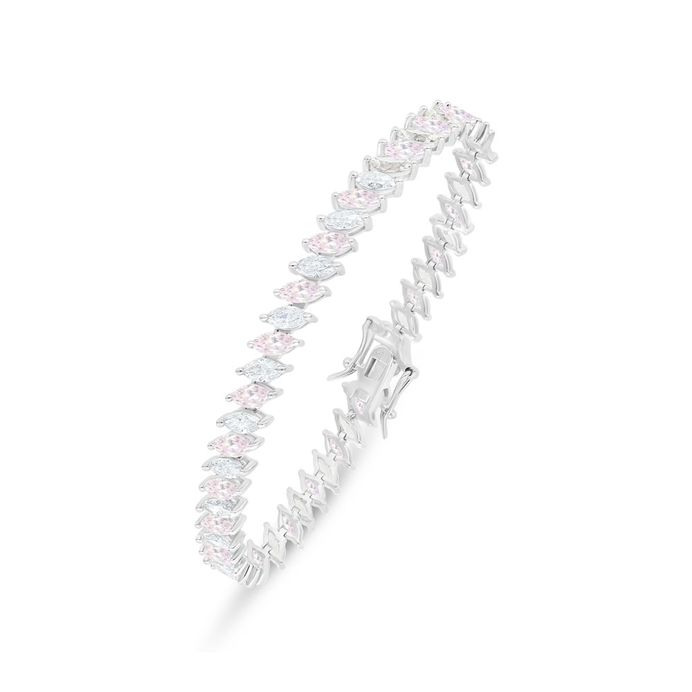 Sterling Silver 925 Bracelet Rhodium Plated Embedded With Pink Zircon And White Zircon