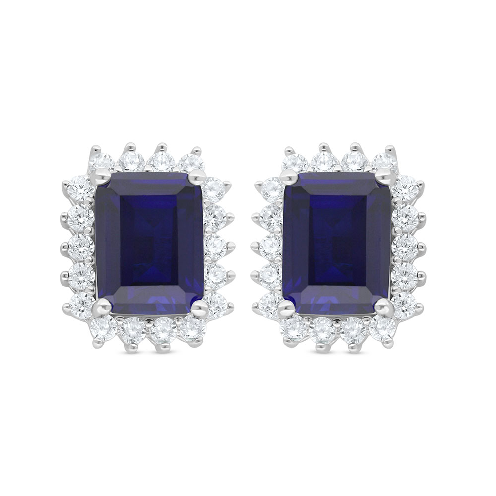 Sterling Silver 925 Earring Rhodium Plated Embedded With Sapphire Corundum And White Zircon