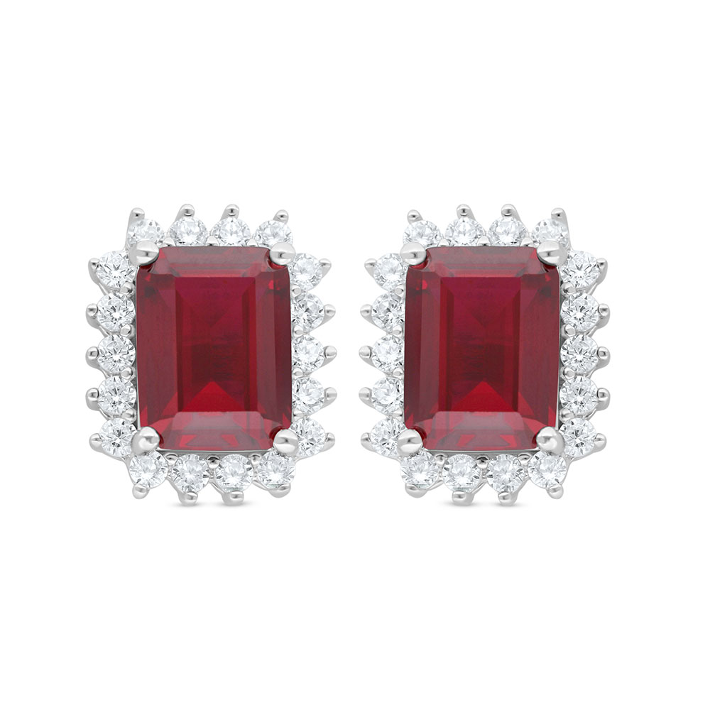 Sterling Silver 925 Earring Rhodium Plated Embedded With Ruby Corundum And White Zircon