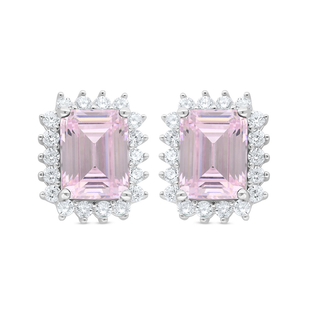 Sterling Silver 925 Earring Rhodium Plated Embedded With Pink Zircon And White Zircon