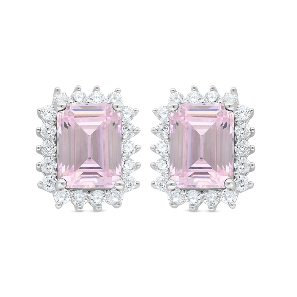 Sterling Silver 925 Earring Rhodium Plated Embedded With Pink Zircon And White Zircon