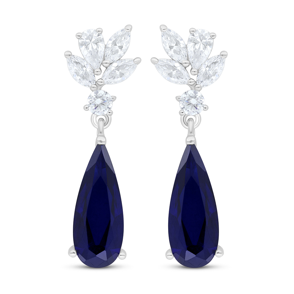 Sterling Silver 925 Earring Rhodium Plated Embedded With Sapphire Corundum And White Zircon