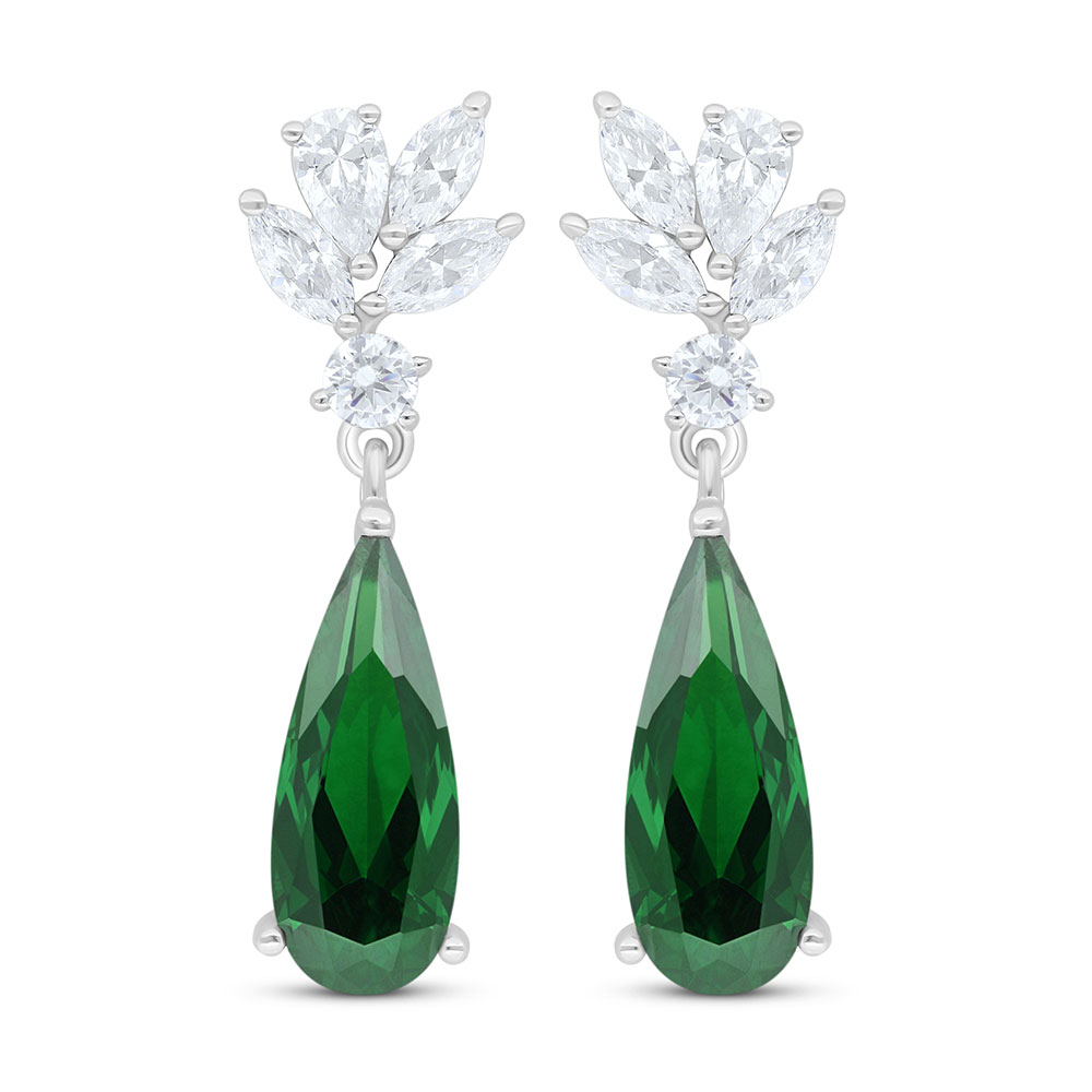 Sterling Silver 925 Earring Rhodium Plated Embedded With Emerald Zircon And White Zircon