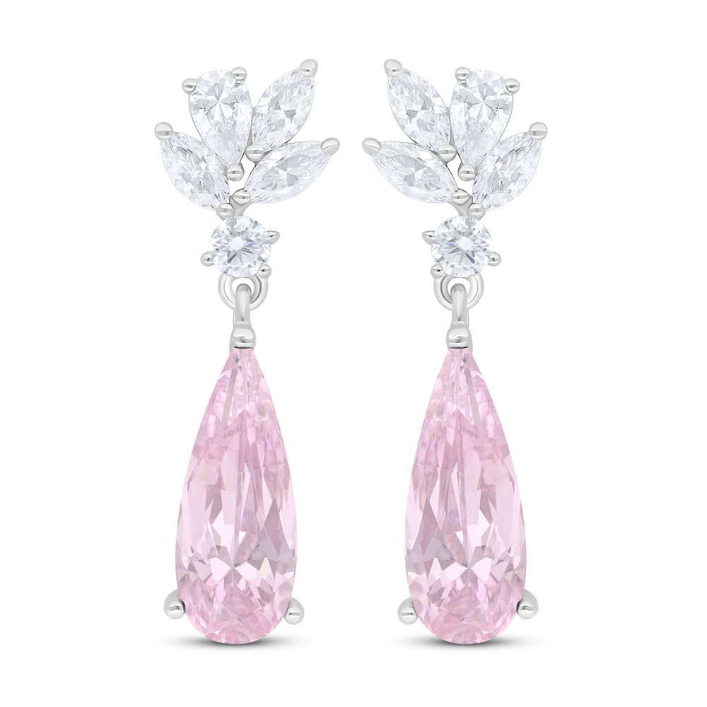 Sterling Silver 925 Earring Rhodium Plated Embedded With Pink Zircon And White Zircon