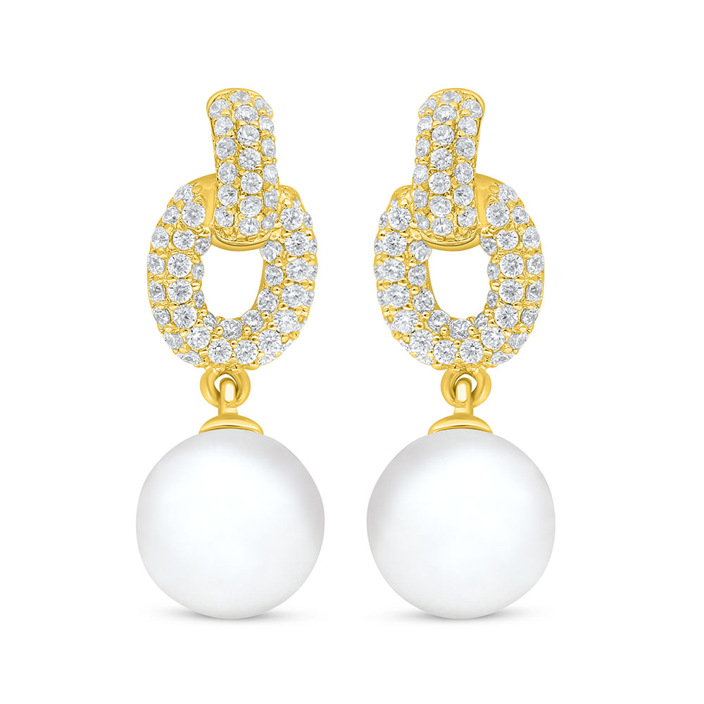 Sterling Silver 925 Earring Golden Plated Embedded With Natural White Pearl And White Shell