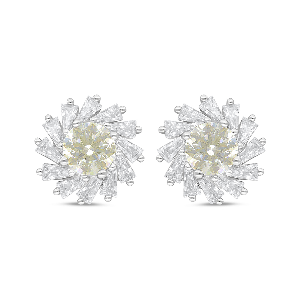 Sterling Silver 925 Earring Rhodium Plated Embedded With Yellow Diamond And White Zircon