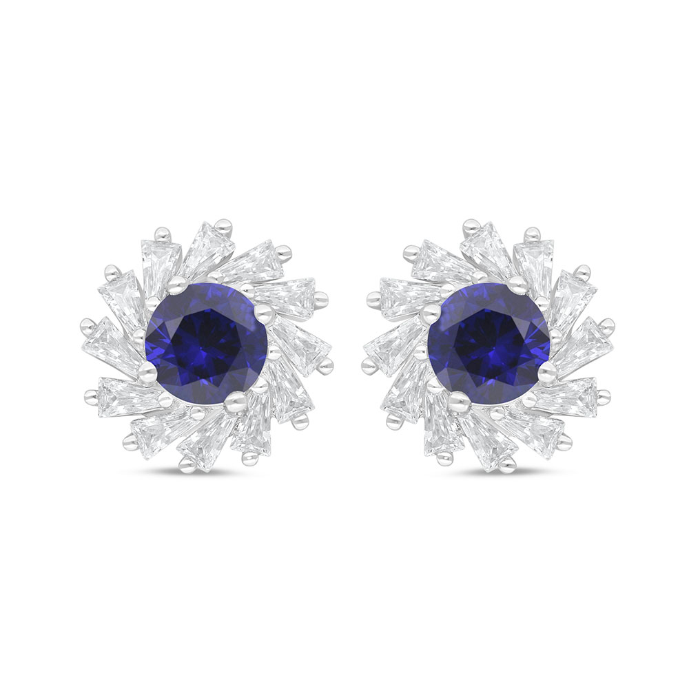 Sterling Silver 925 Earring Rhodium Plated Embedded With Sapphire Corundum And White Zircon