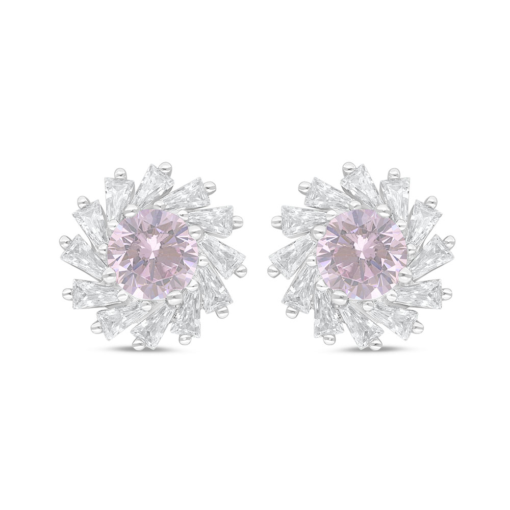 Sterling Silver 925 Earring Rhodium Plated Embedded With Pink Zircon And White Zircon