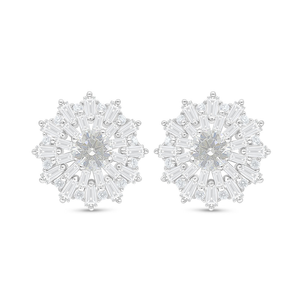 Sterling Silver 925 Earring Rhodium Plated Embedded With White Zircon