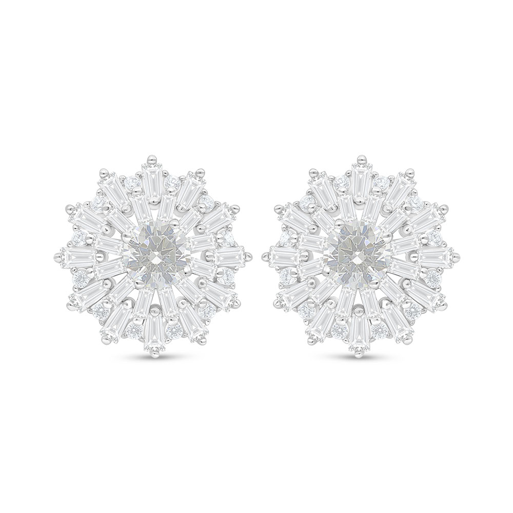 Sterling Silver 925 Earring Rhodium Plated Embedded With White Zircon