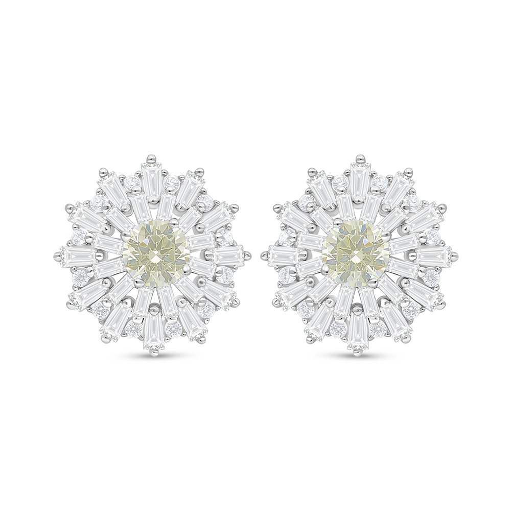 Sterling Silver 925 Earring Rhodium Plated Embedded With Yellow Diamond And White Zircon