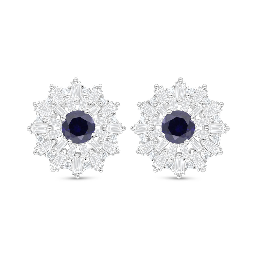 Sterling Silver 925 Earring Rhodium Plated Embedded With Sapphire Corundum And White Zircon