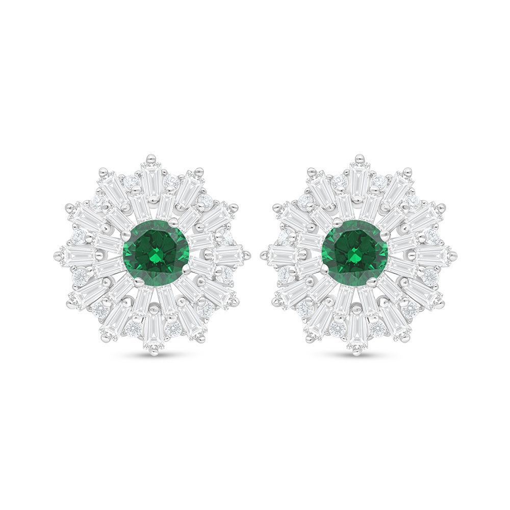 Sterling Silver 925 Earring Rhodium Plated Embedded With Emerald Zircon And White Zircon