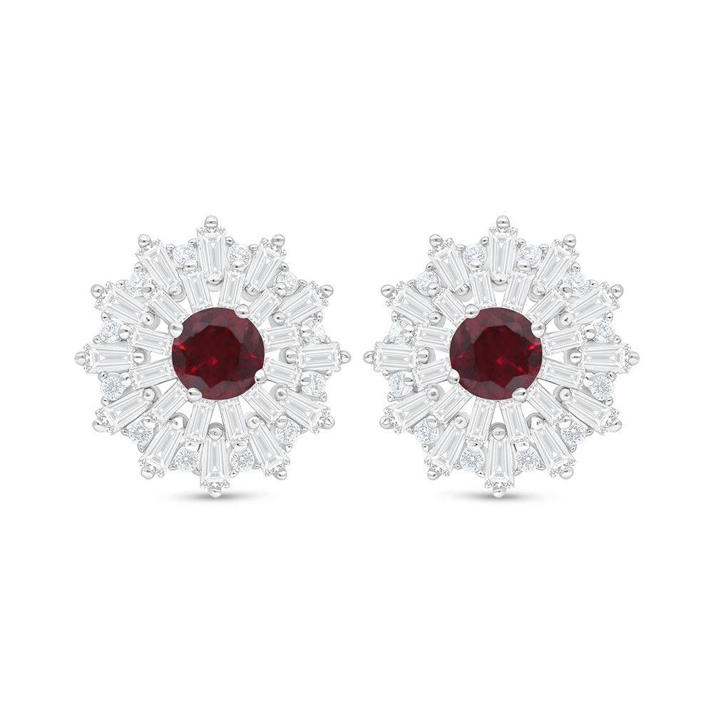 Sterling Silver 925 Earring Rhodium Plated Embedded With Ruby Corundum And White Zircon