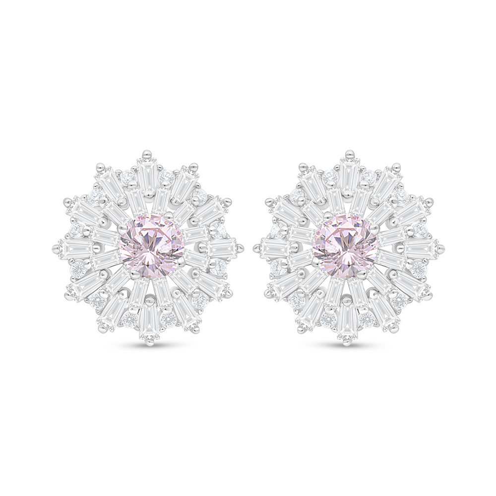 Sterling Silver 925 Earring Rhodium Plated Embedded With Pink Zircon And White Zircon