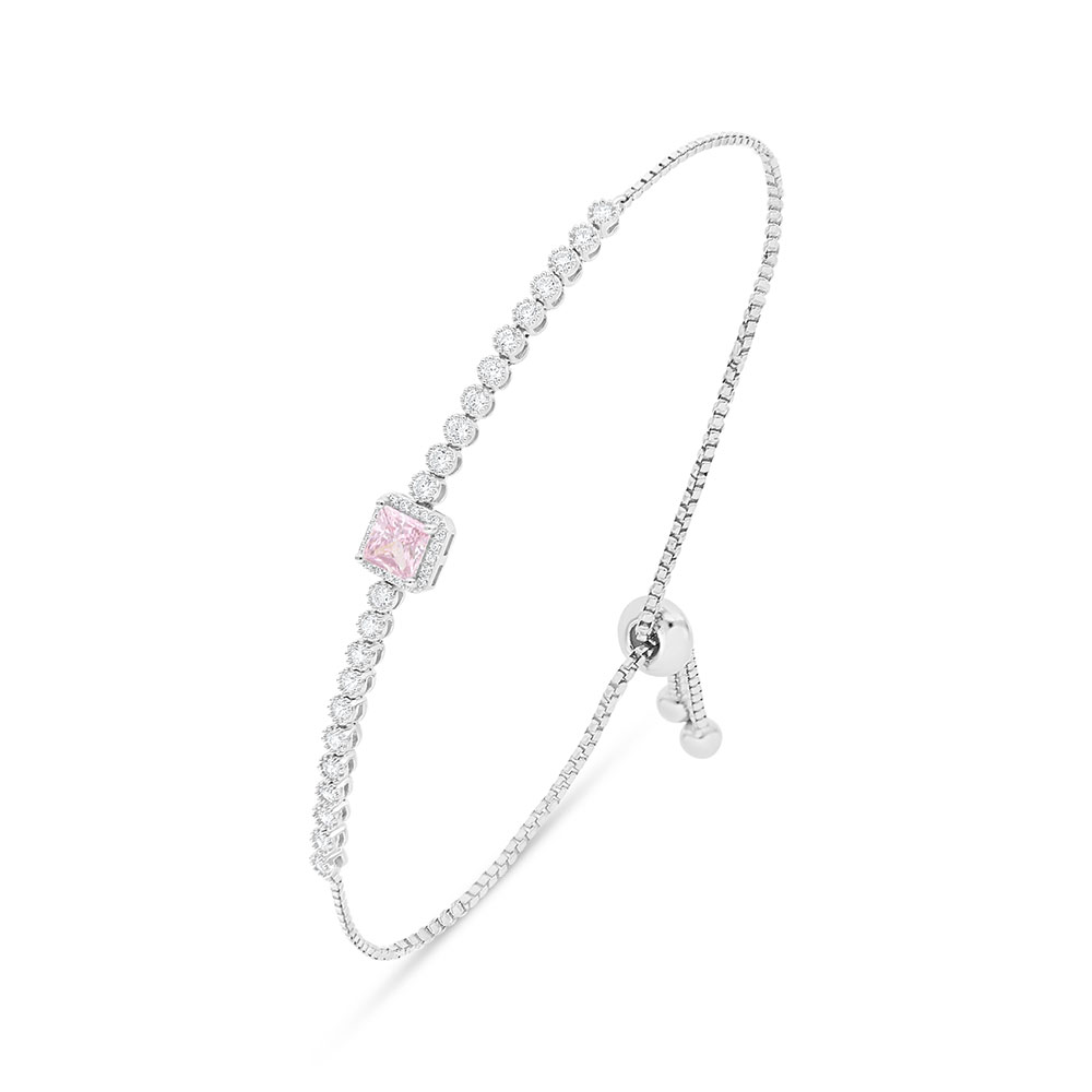 Sterling Silver 925 Bracelet Rhodium Plated Embedded With Pink Zircon And White Zircon