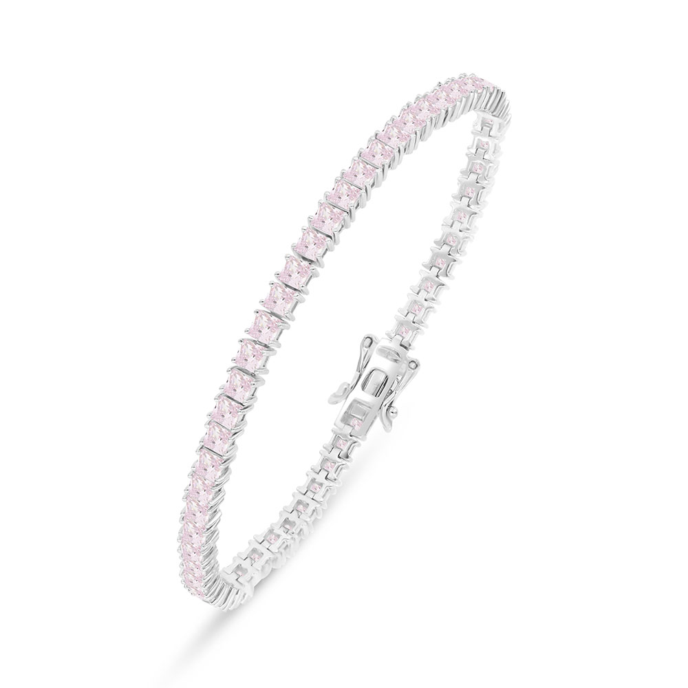 Sterling Silver 925 Bracelet Rhodium Plated Embedded With Pink Zircon 