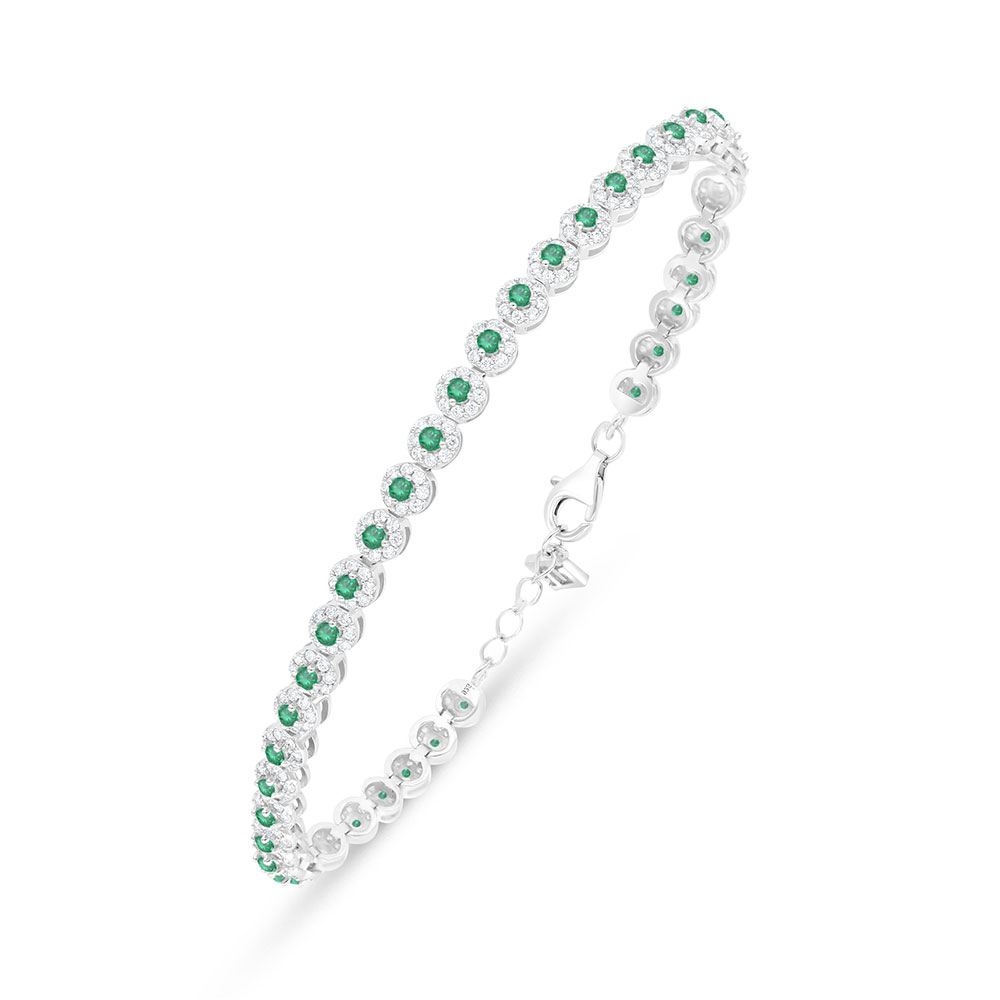 Sterling Silver 925 Bracelet Rhodium Plated Embedded With Emerald Zircon And White Zircon