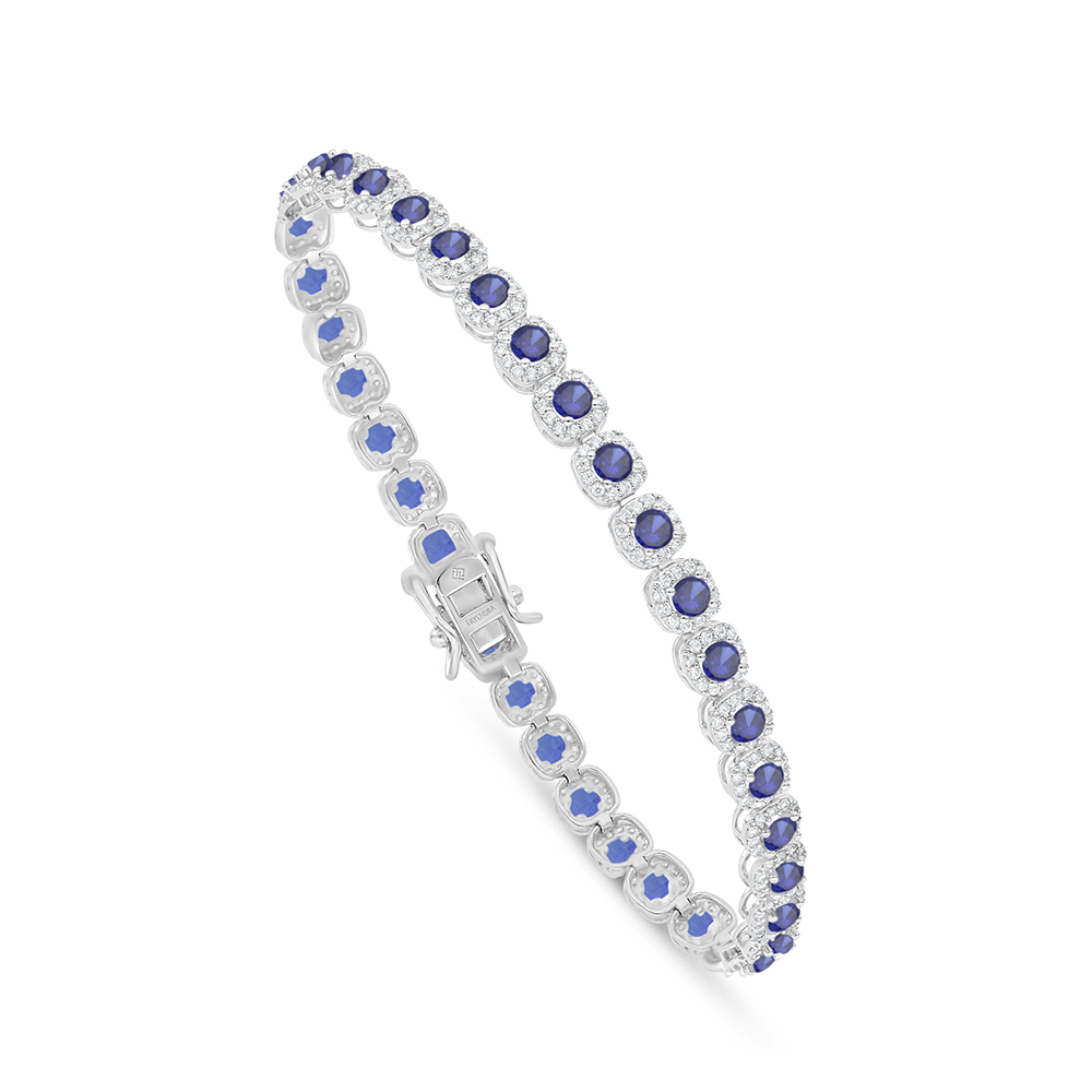 Sterling Silver 925 Bracelet Rhodium Plated Embedded With Sapphire Corundum And White Zircon