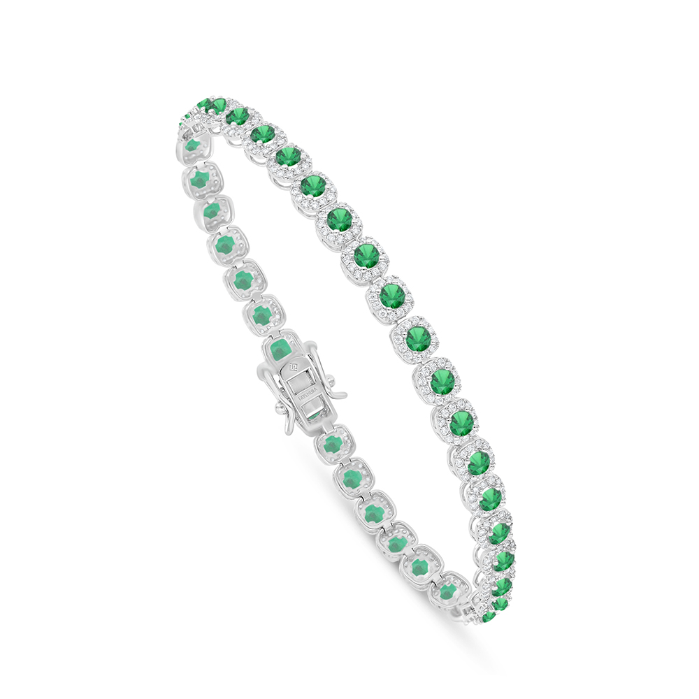 Sterling Silver 925 Bracelet Rhodium Plated Embedded With Emerald Zircon And White Zircon