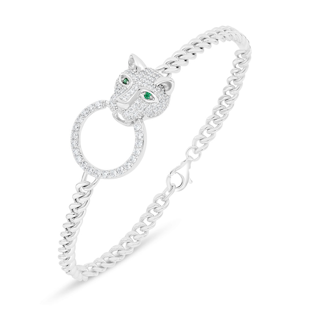 Sterling Silver 925 Bracelet Rhodium Plated Embedded With Emerald Zircon And White Zircon