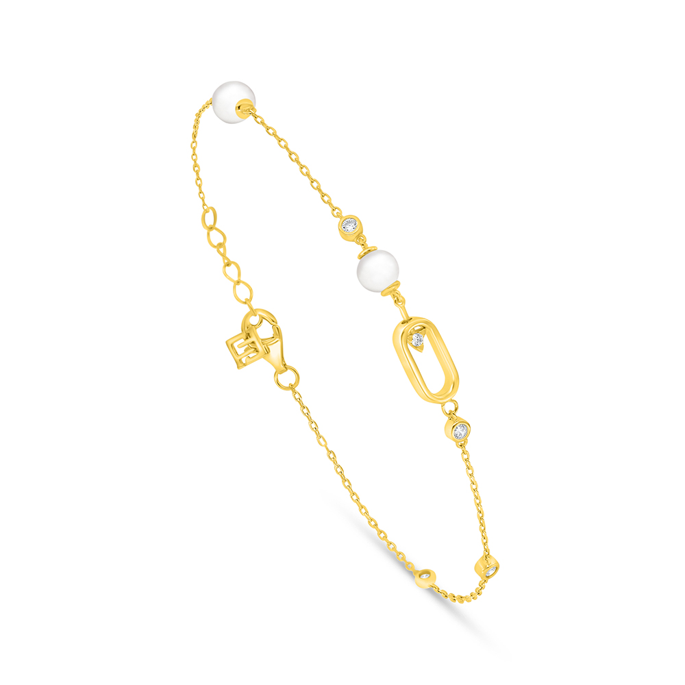 Sterling Silver 925 Bracelet Golden Plated Embedded With Natural White Pearl And White Zircon 