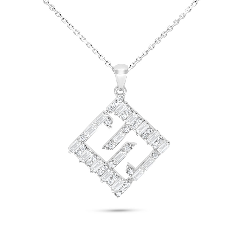 Sterling Silver 925 Necklace Rhodium Plated Embedded With White Zircon-LOGO