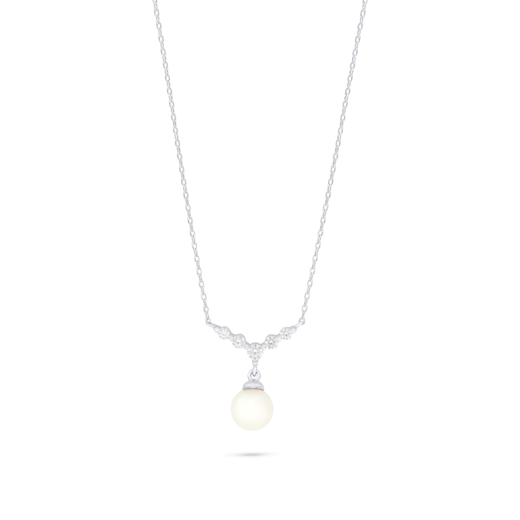 Sterling Silver 925 Necklace Rhodium Plated Embedded With Natural White Pearl And White Zircon 