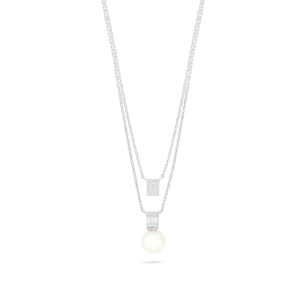 Sterling Silver 925 Necklace Rhodium Plated Embedded With Natural White Pearl And White Zircon 